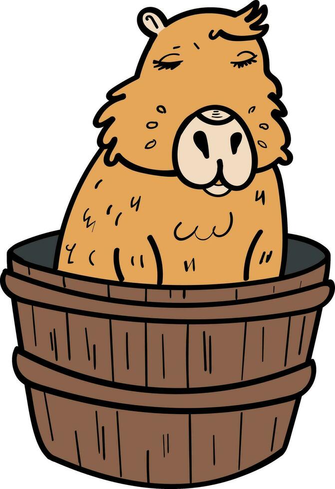 een tekenfilm capibara zittend in een houten mand vector