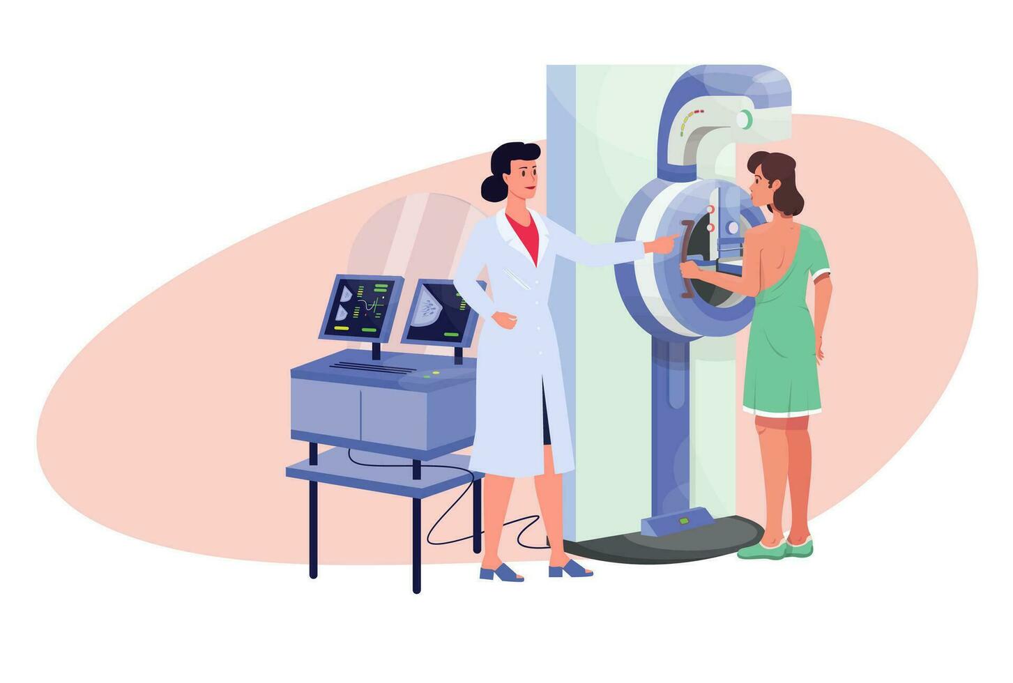 mammografie machine. borst screening voor tumor en annuleren cellen. scannen Aan medisch apparatuur. geduldig en dokter. mammogram. vector illustratie.