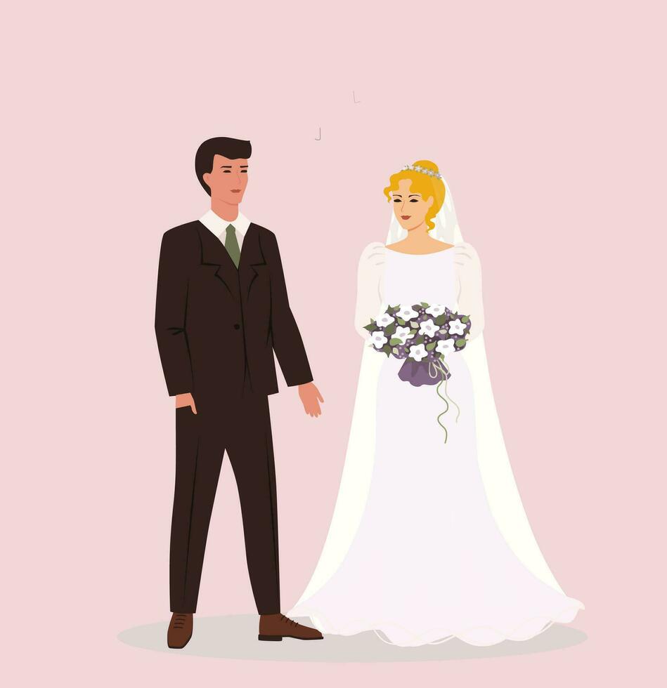bruid en bruidegom geïsoleerd. paar in liefde. bruiloft jurk en pak. mode ontwerp. pasgetrouwden. getrouwd man en vrouw. uitnodiging. vlak vector illustratie.