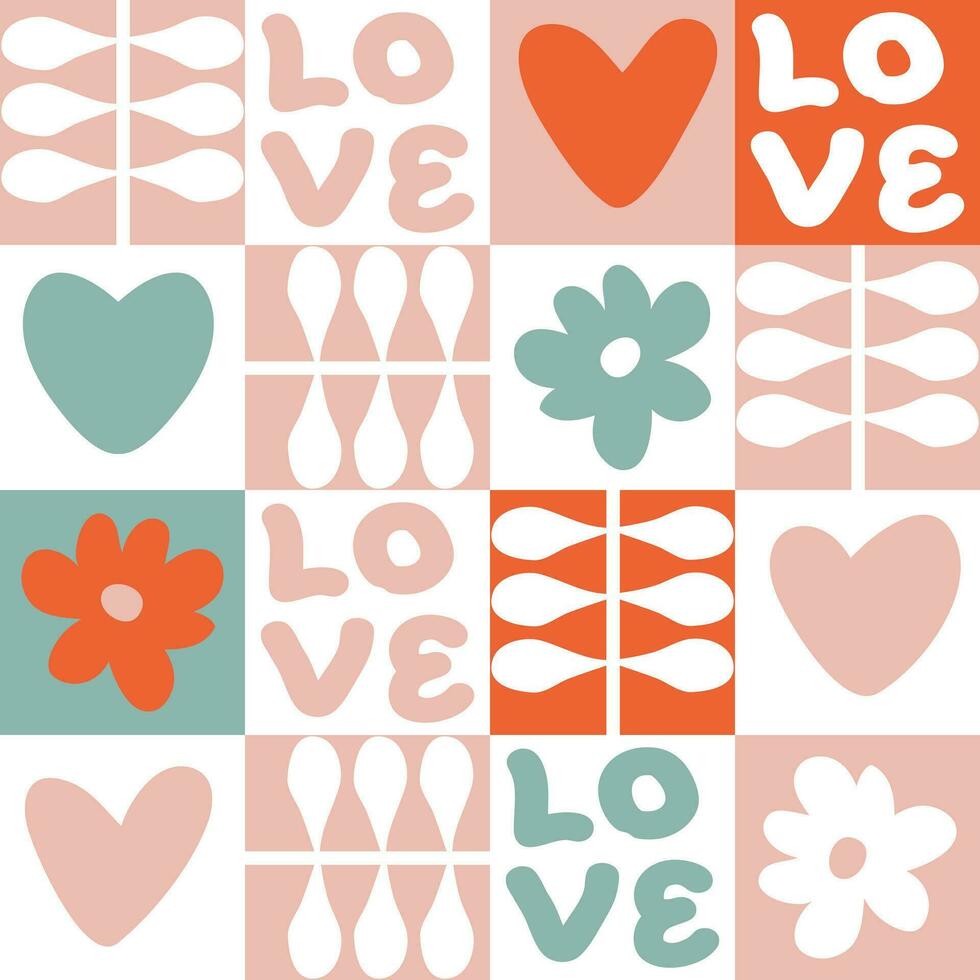 delicaat Valentijn naadloos patroon met harten en tekst liefde. meetkundig afdrukken voor tee, papier, kleding stof, textiel. retro stijl vector illustratie.