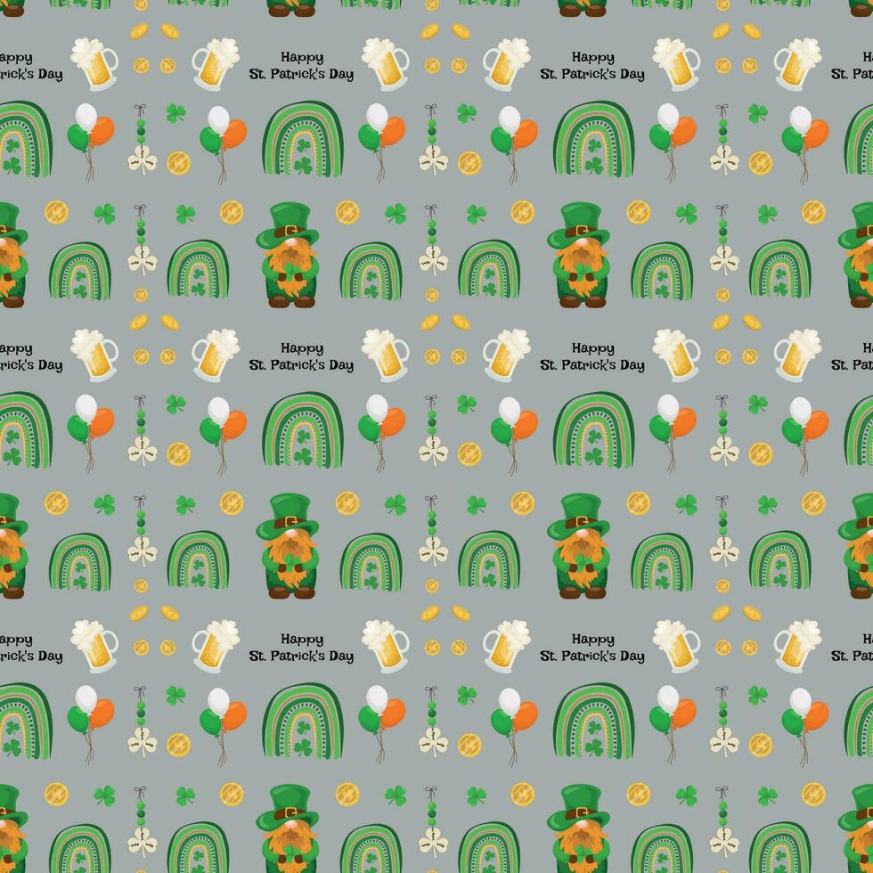 st. Patrick dag naadloos patroon met bril van bier, regenbogen, een elf van Ierse folklore, munten en hoefijzers Aan een licht grijs achtergrond. vector illustratie
