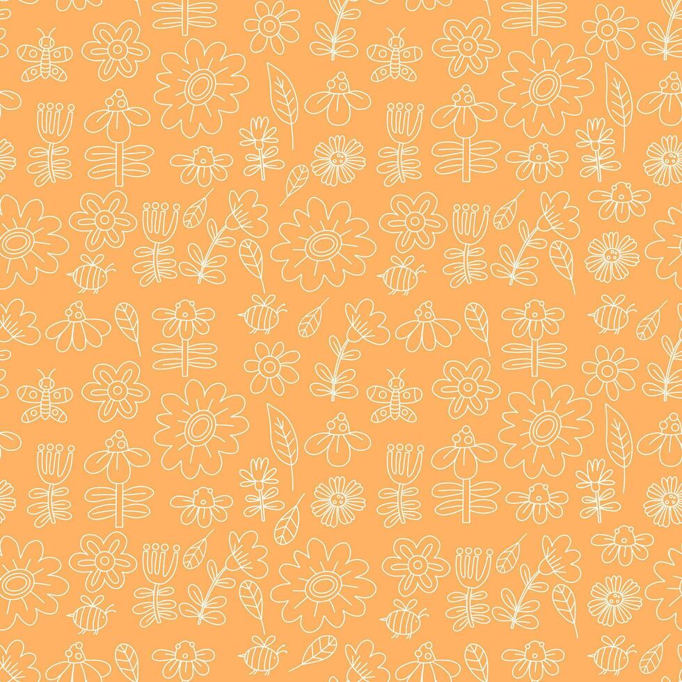 bloemen naadloos patroon. decoratief lineair bloemen, vlinders en bijen Aan oranje achtergrond. vector illustratie in stijl hand- getrokken