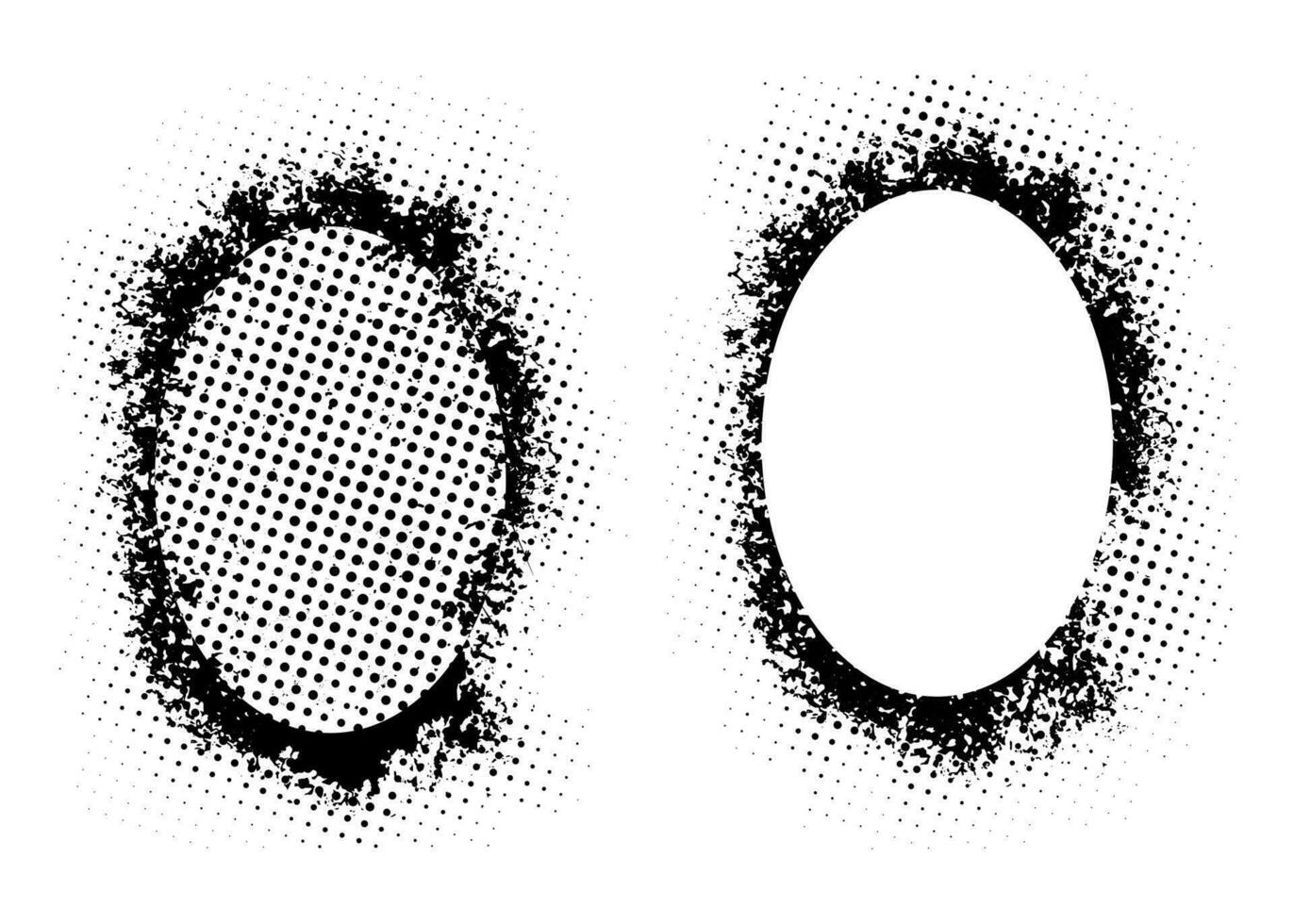 twee ovaal kaders met halftone dots Aan wit achtergrond, zwart en wit kader set, een zwart en wit cirkel met een grunge effect foto kader met halftone punt , vector
