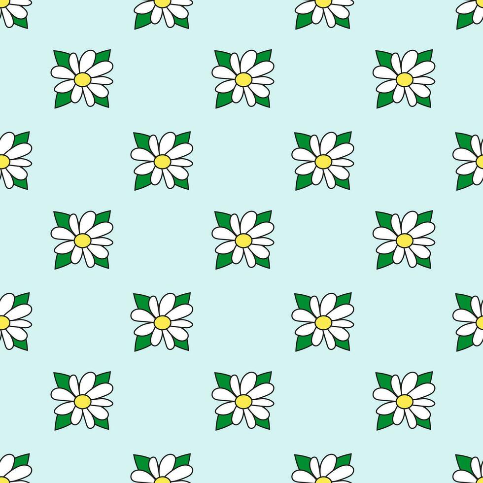 naadloos patroon met wit bloem en bladeren. madeliefje bloesem. kamille. voorjaar en zomer bloemen achtergrond. ontwerp voor behang, omhulsel papier, achtergrond, kleding stof. vector vlak illustratie.