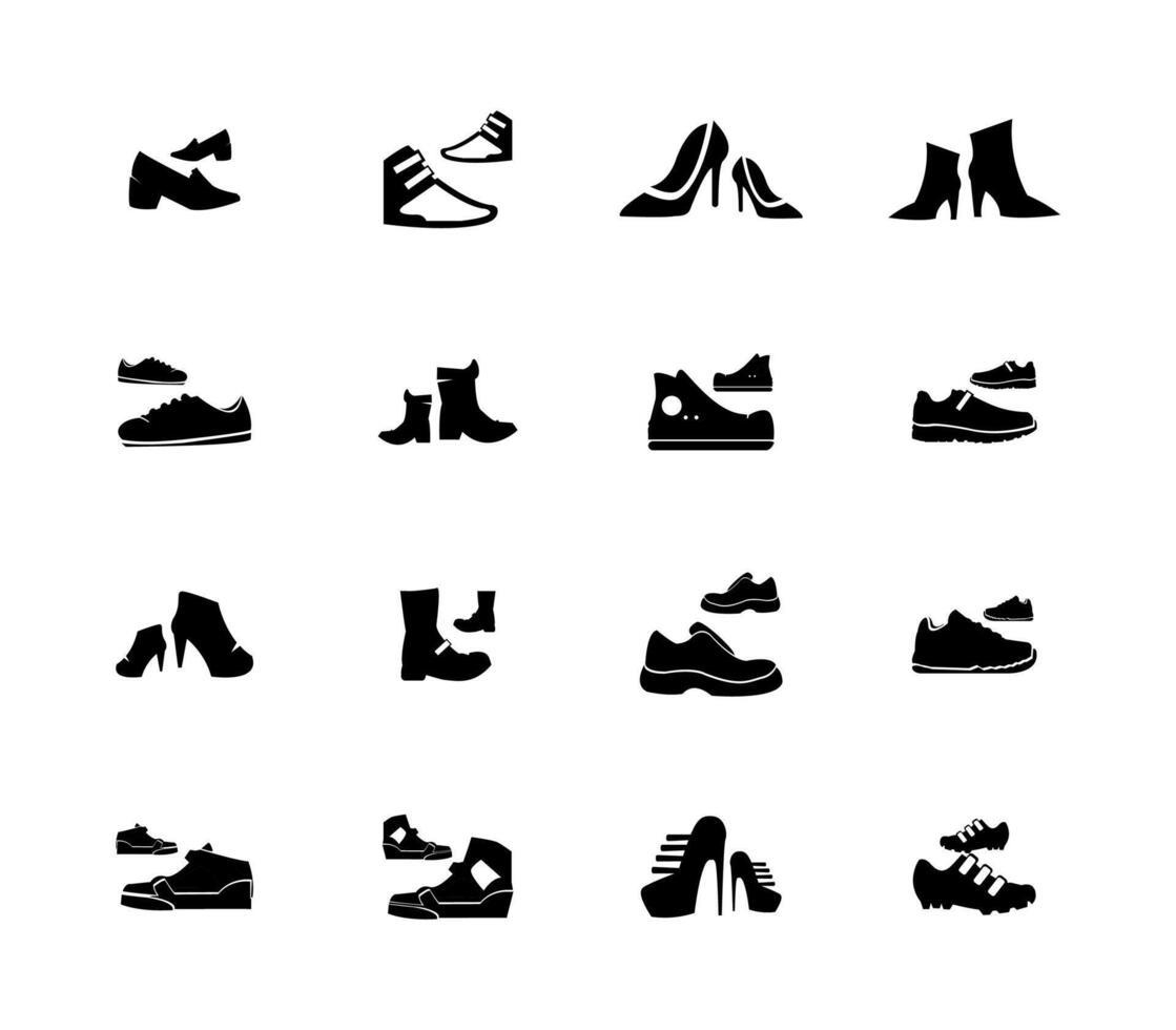 schoen icoon set. hoog hakken sandaal, cowboy laarzen, wandelen schoenen, sportschoenen, pantoffel minimaal vector illustraties.