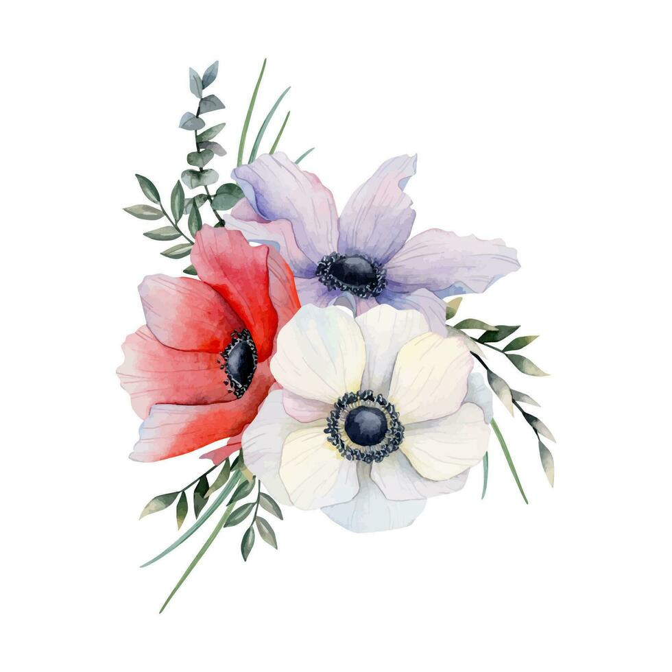 veld- bloemen boeket van Purper, wit en rood anemonen met eucalyptus en gras waterverf illustratie. veld- klaprozen vector