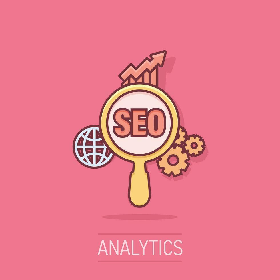 seo analytics icoon in grappig stijl. sociaal media vector tekenfilm illustratie Aan wit geïsoleerd achtergrond. zoeken analyse bedrijf concept plons effect.