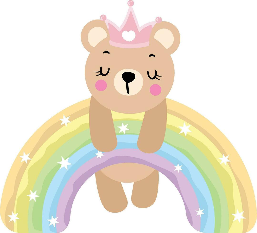 schattig prinses teddy beer hangende Aan magie regenboog vector