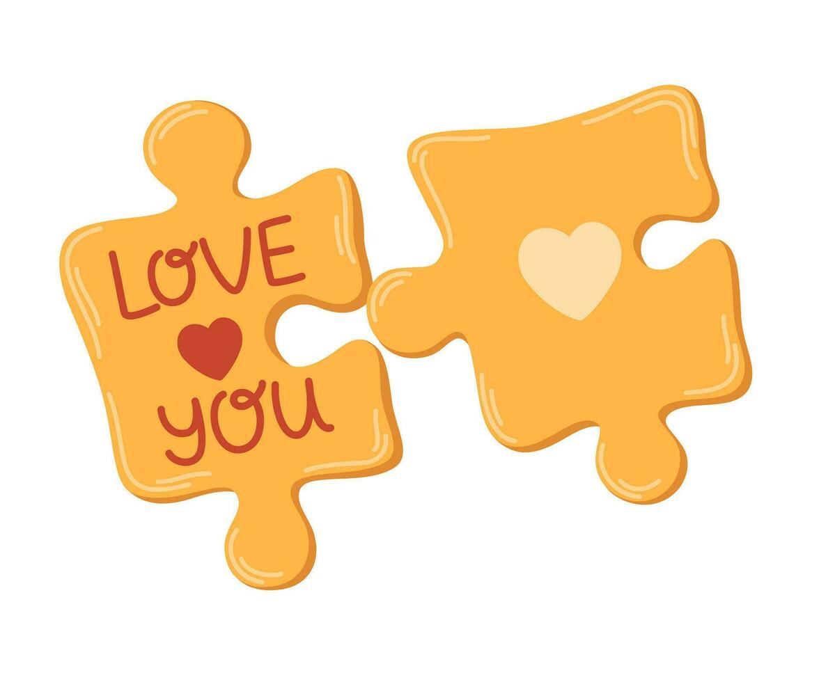 puzzel met liefde. twee stukken op elkaar afgestemd puzzel. romantisch element. concept van perfect stel, liefde, aanvulling elk ander. vector illustratie voor Valentijn kaart, bruiloft, romantisch spandoek.