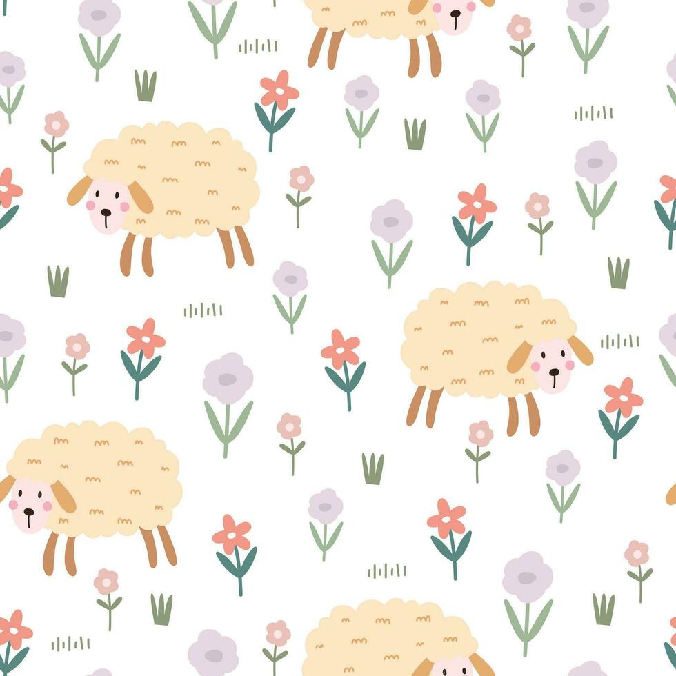 schapen met bloem tuinen naadloos patroon Aan de wit achtergrond hand- -getrokken ontwerpen in tekenfilm stijl gebruikt voor textiel, afdrukken, mode, behang, vector illustratie