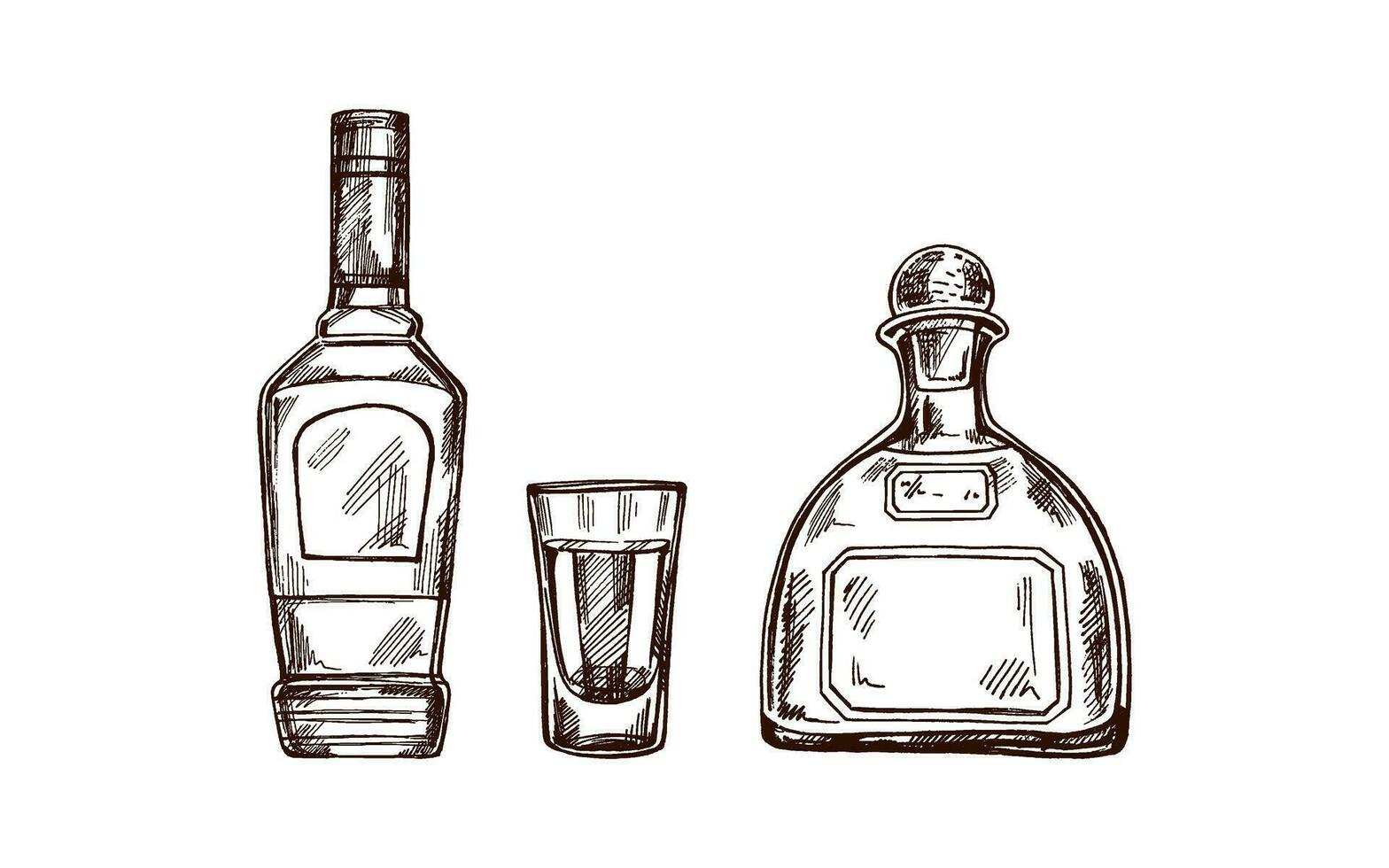 hand getekend flessen van tequila en schot glas met tequila. ontwerp element voor de menu van bars en in gravure stijl. Mexicaans, Latijns Amerika. vector