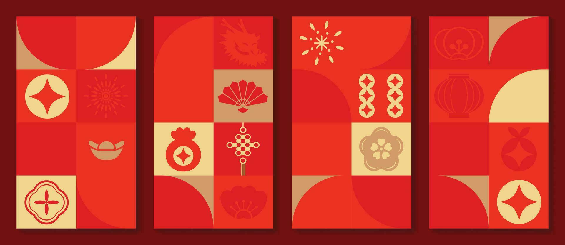 Chinese nieuw jaar 2024 kaart achtergrond vector. jaar van de draak ontwerp met gouden munt, fan, vuurwerk, draak. elegant oosters illustratie voor omslag, banier, website, kalender, envelop. vector