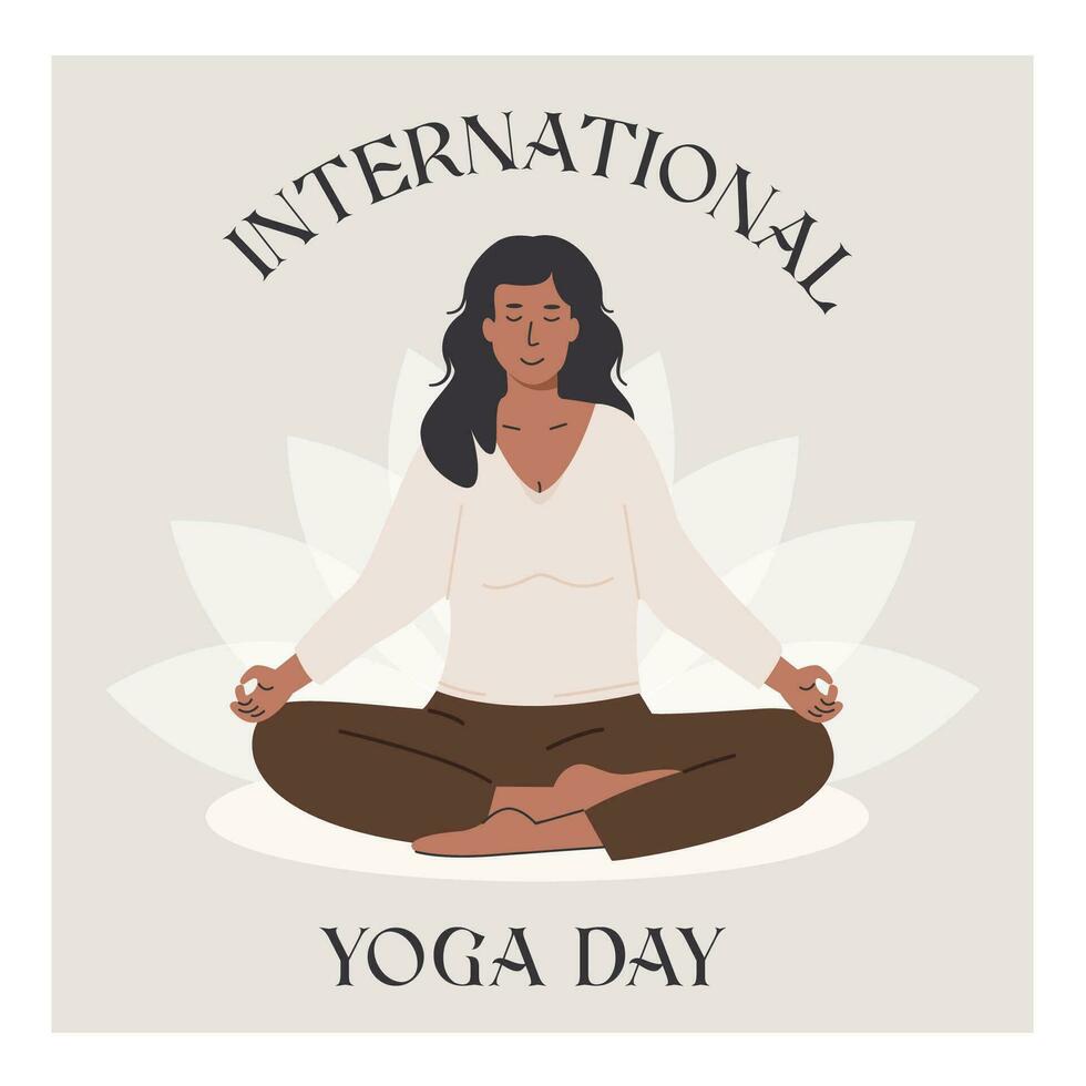 Internationale yoga dag plein poster. modieus banier voor yoga dag. Dames mediteren in yoga lotus houding. mentaal Gezondheid kaart voor welzijn centrum of yoga studio. vector illustratie in vlak stijl.