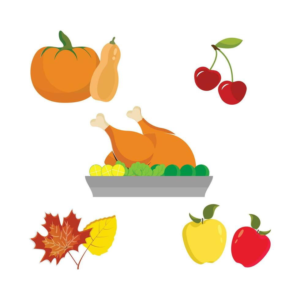 dankzegging pictogrammen. herfst elementen met gebraden kalkoen. pompoen, pelgrim hoed, taart, groenten, vruchten. herfst vakantie seizoen. vector illustratie