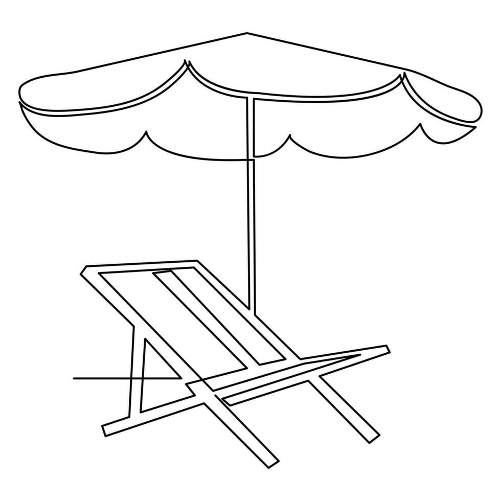doorlopend single lijn kunst tekening van strand paraplu en stoel voor zomer vakantie schets vector illustratie