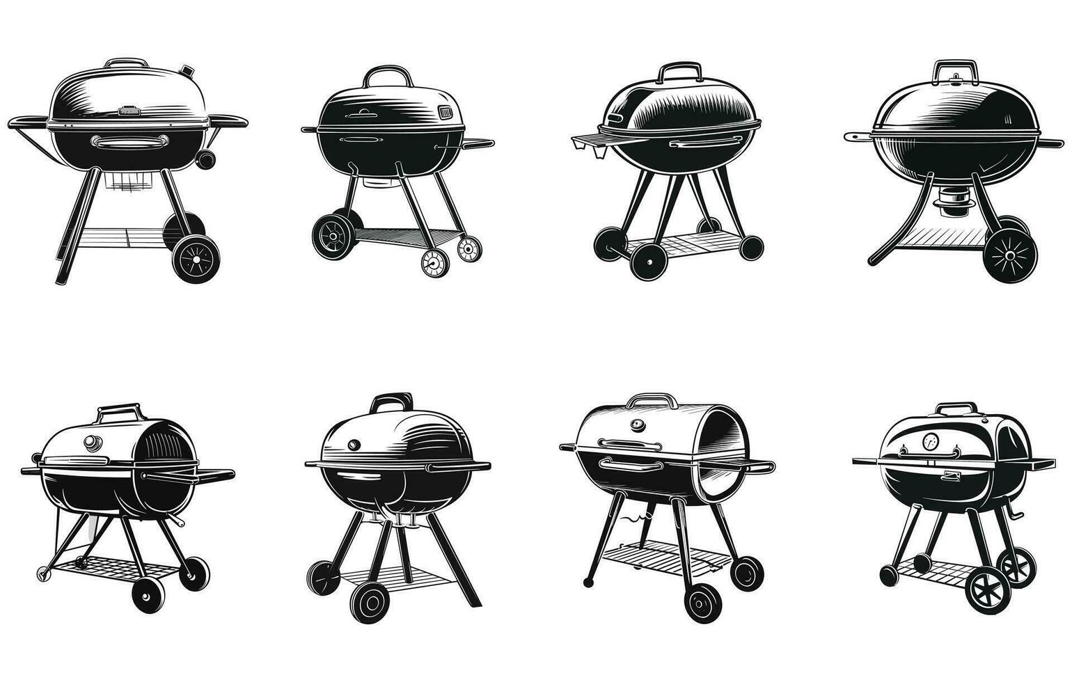 vector zwart bbq rooster pictogrammen, bbq partij achtergrond met rooster en brand.