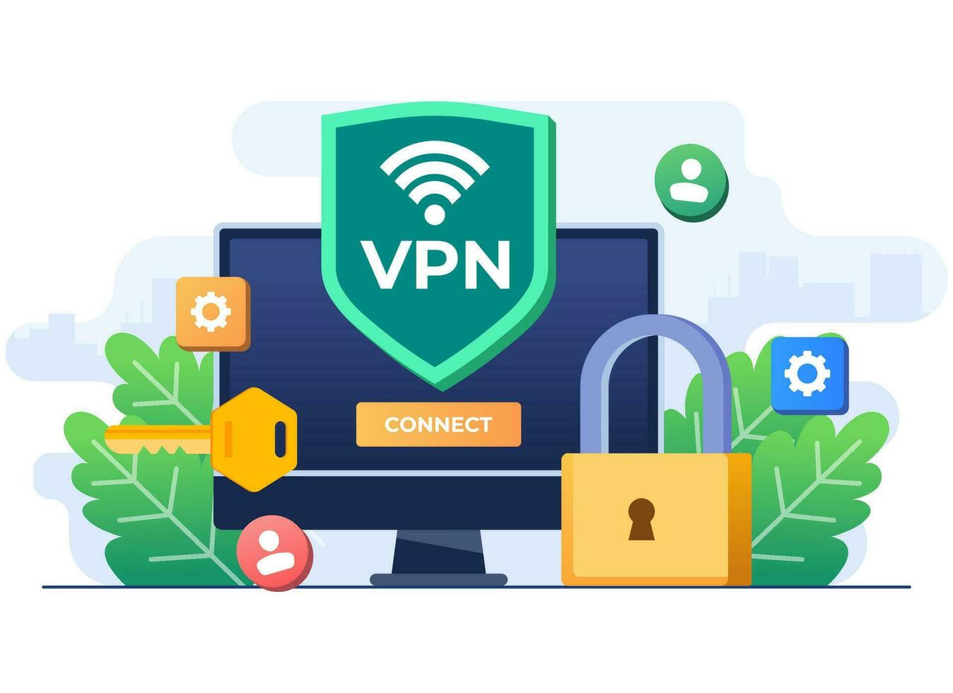 virtueel privaat netwerk, VPN, beveiligen web verkeer, versleuteld gegevens overdracht, beveiligen netwerk toegang, veiligheid Aan internetten, gegevens bescherming, cyberbeveiliging, afgelegen server, wolk technologie vector