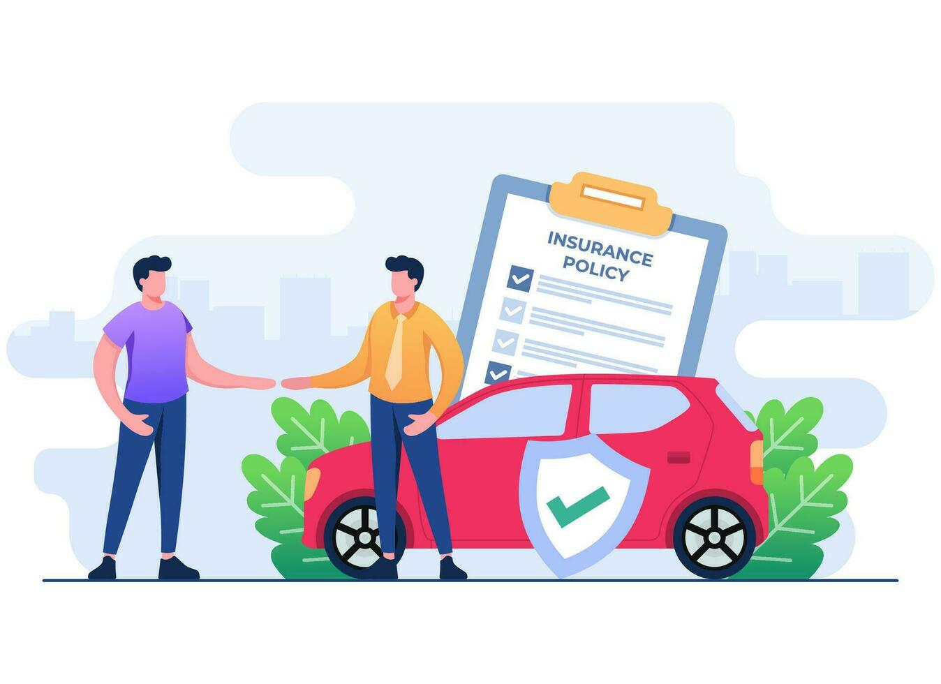 voertuig verzekering vlak illustratie, Mens aankopen auto verzekering het beleid van tussenpersoon, auto verzekering, auto veiligheid, bijstand en bescherming concept voor, ui, web ontwerp, landen bladzijde, infographic vector