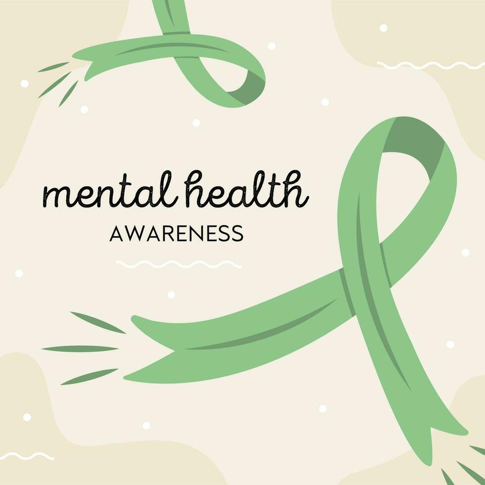 mentaal Gezondheid bewustzijn plein kaart. groen lint Internationale symbool voor mentaal ziektes. medisch Gezondheid zorg spandoek. vector illustratie in vlak stijl.