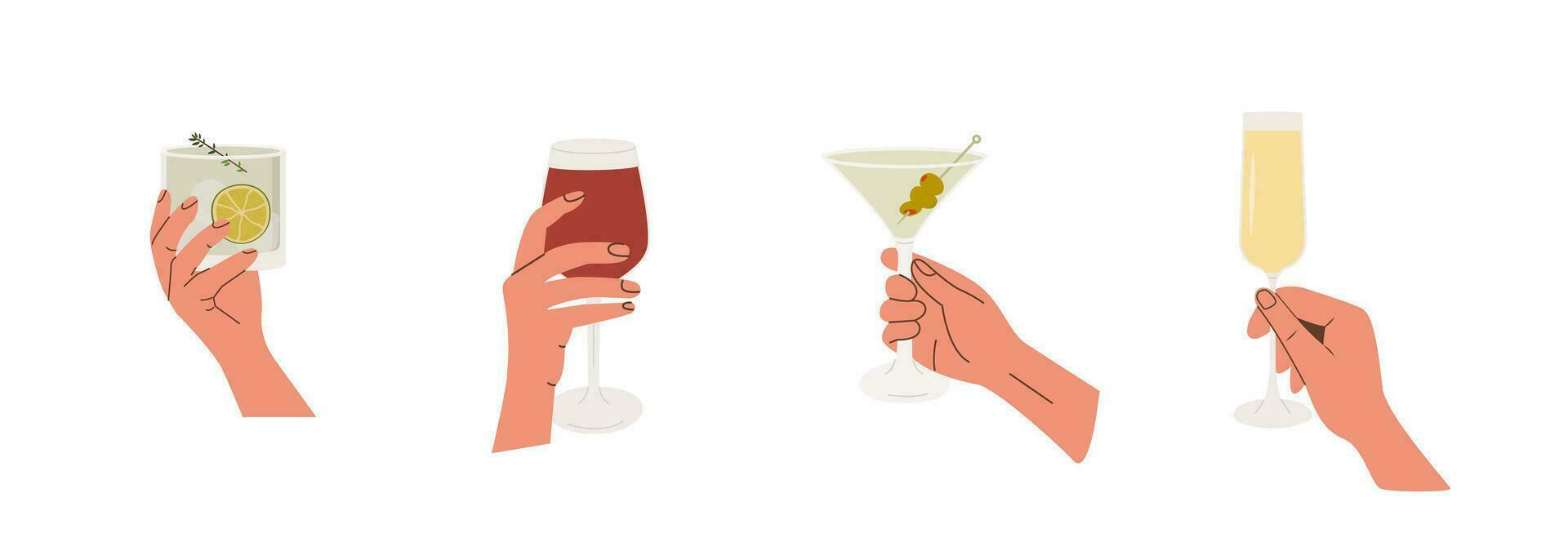 reeks van vrouw of mannetje hand- Holding glas met alcoholisch cocktails, Champagne en wijn. alcohol drankje. zomer aperitief, alcoholisch drank. gekleurde vlak vector illustratie geïsoleerd Aan wit achtergrond