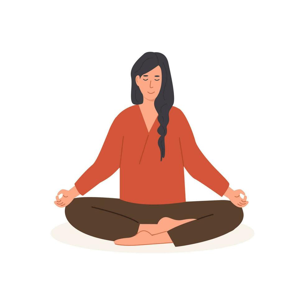 jong vrouw met gekruiste poten en Gesloten ogen mediteren. vrouw zittend met gekruiste benen en beoefenen yoga. meditatie, buik ademen geestelijk oefening. vector illustratie geïsoleerd Aan wit.