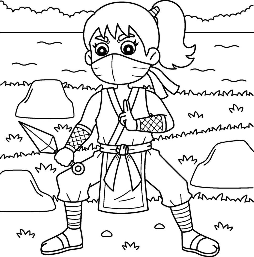 Ninja kunoichi met kunai kleur bladzijde voor kinderen vector