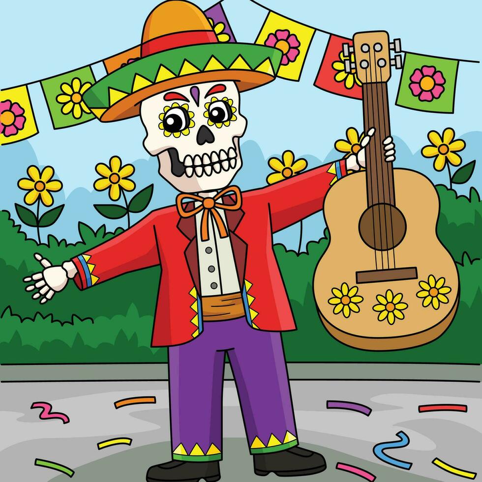 cinco de mayo skelet Holding gitaar gekleurde vector