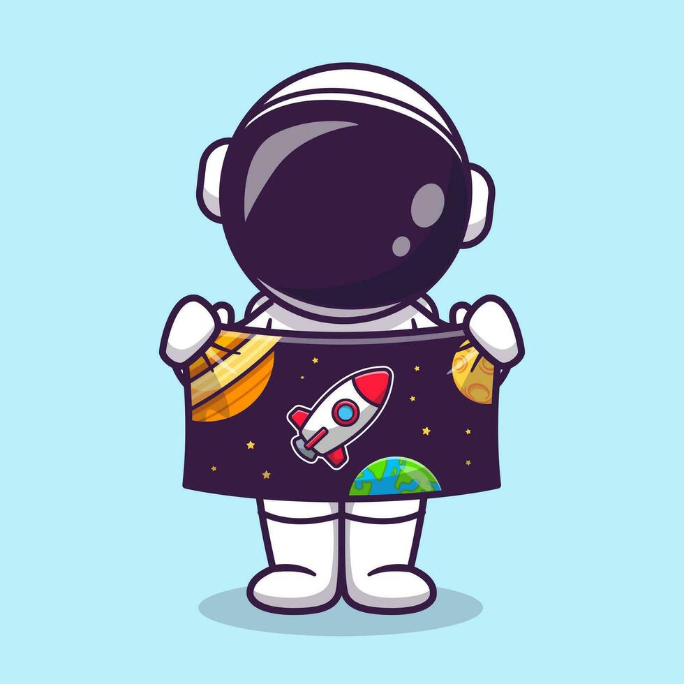 schattig astronaut Holding ruimte banier tekenfilm vector icoon illustratie. wetenschap technologie icoon concept geïsoleerd premie vector. vlak tekenfilm stijl