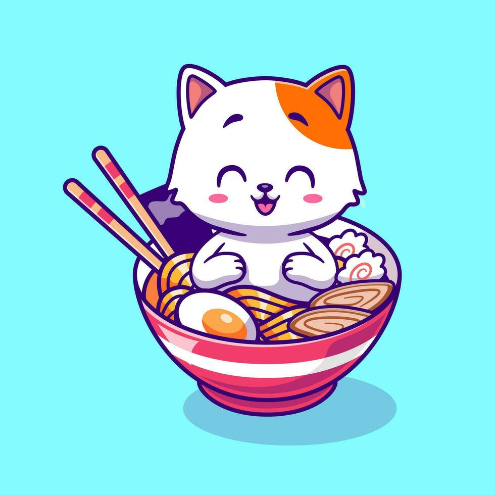 schattig kat in ramen noodle kom tekenfilm vector icoon illustratie. dier voedsel icoon concept geïsoleerd premie vector. vlak tekenfilm stijl