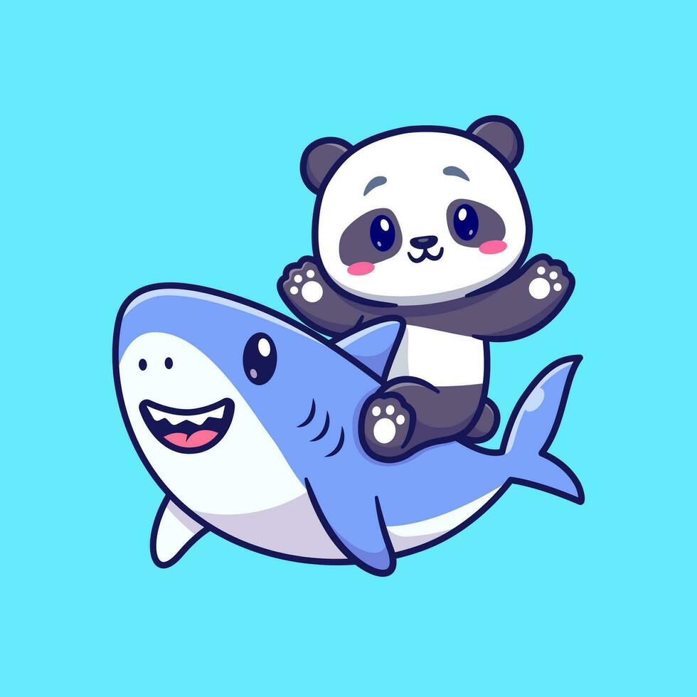 schattig panda met schattig haai tekenfilm vector icoon illustratie. dier natuur icoon concept geïsoleerd premie vector. vlak tekenfilm stijl