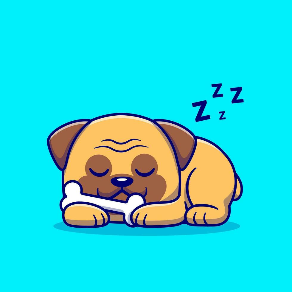 schattig mopshond hond slapen met bot tekenfilm vector icoon illustratie. dier natuur icoon concept geïsoleerd premie vector. vlak tekenfilm stijl