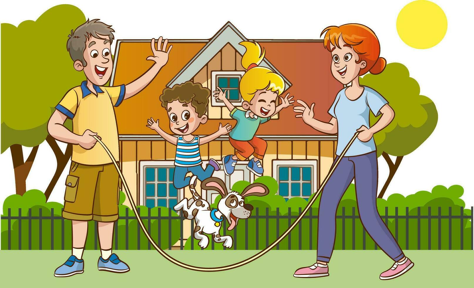 gelukkig familie spelen jumping touw in voorkant van hun huis. vector illustratie.