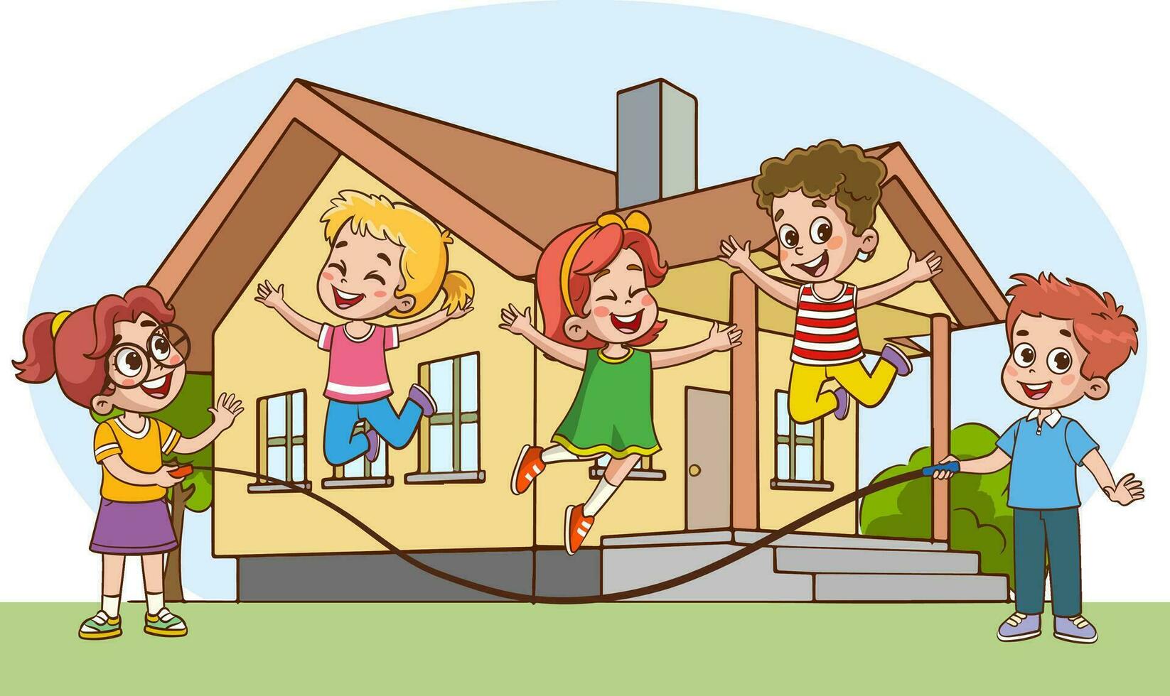 gelukkig weinig kinderen hebben plezier. vector illustratie van schattig kinderen jumping touw