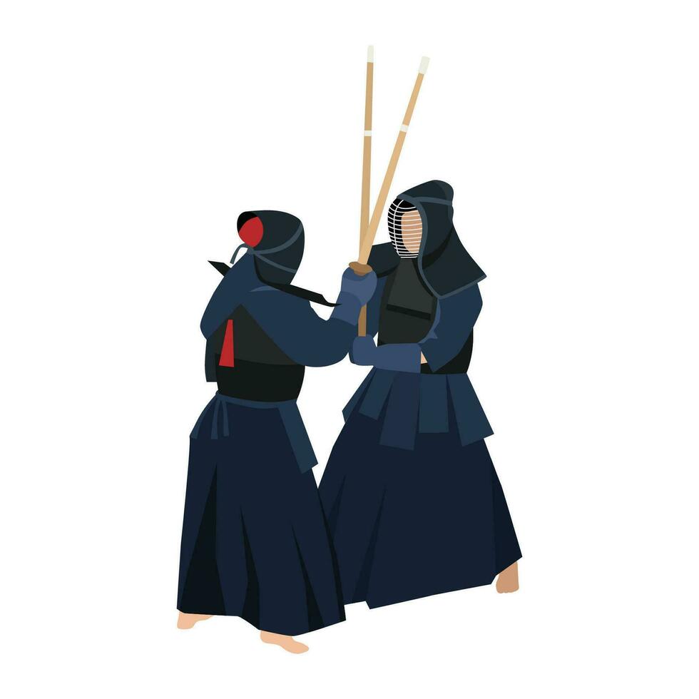 Japans kendo strijders strijd. Japan gepantserd mannen tegenstanders vechten, concurrerende met bamboe Zwaarden, shinai. modern Aziatisch krijgshaftig kunst. vector