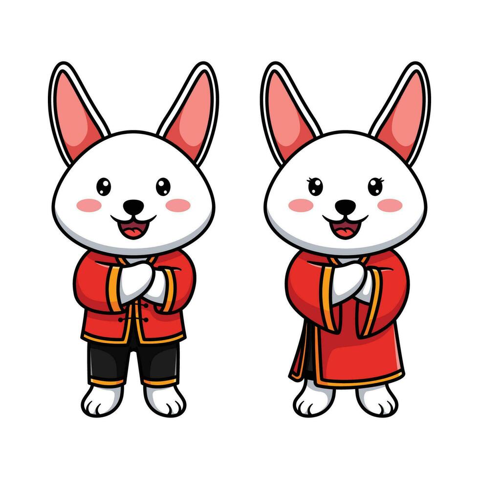 aanbiddelijk konijntjes in feestelijk rood kimono's zijn staand en glimlachen vector