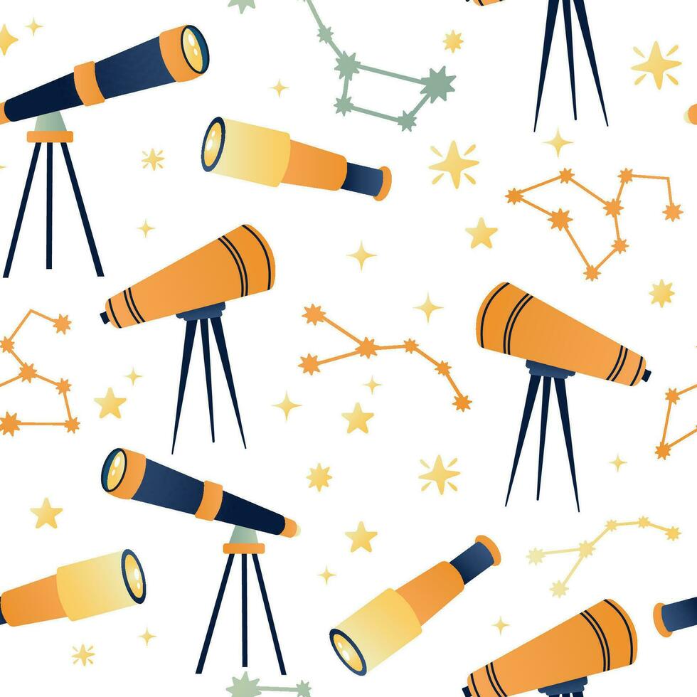 naadloos patroon van telescopen in vlak tekenfilm stijl met sterren vector