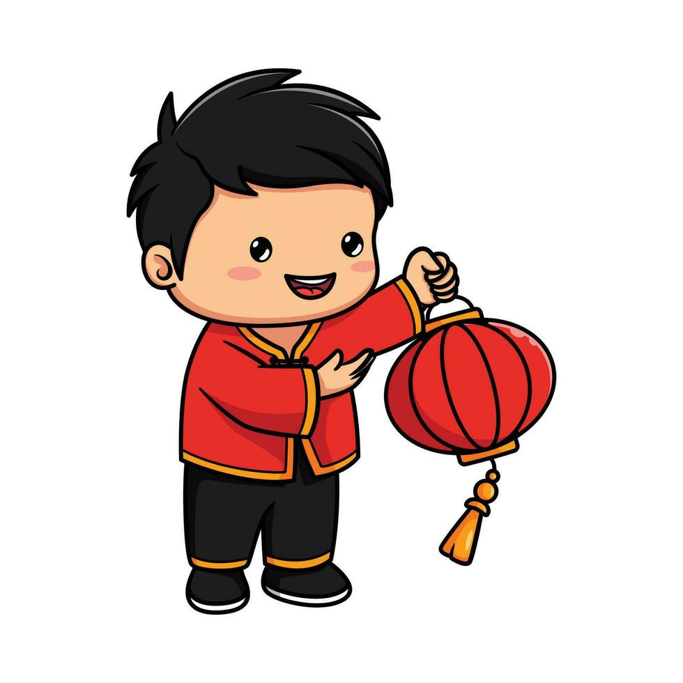 jongen vieren Chinese nieuw jaar door Holding een lantaarn vector