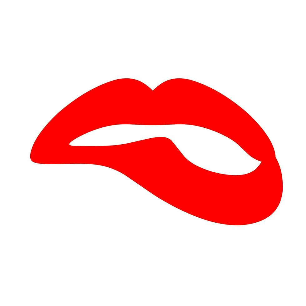 rood vrouw lippen Aan een wit achtergrond. de concept van een gebeten lager lip en een sexy kijken is perfect voor een kus en liefde logo. vector illustratie