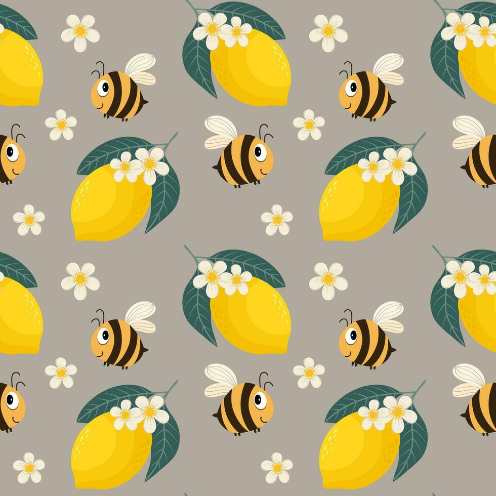 naadloos patroon, grappig bijen en citroenen met wit bloemen. kinderen afdrukken, achtergrond, textiel, behang, vector