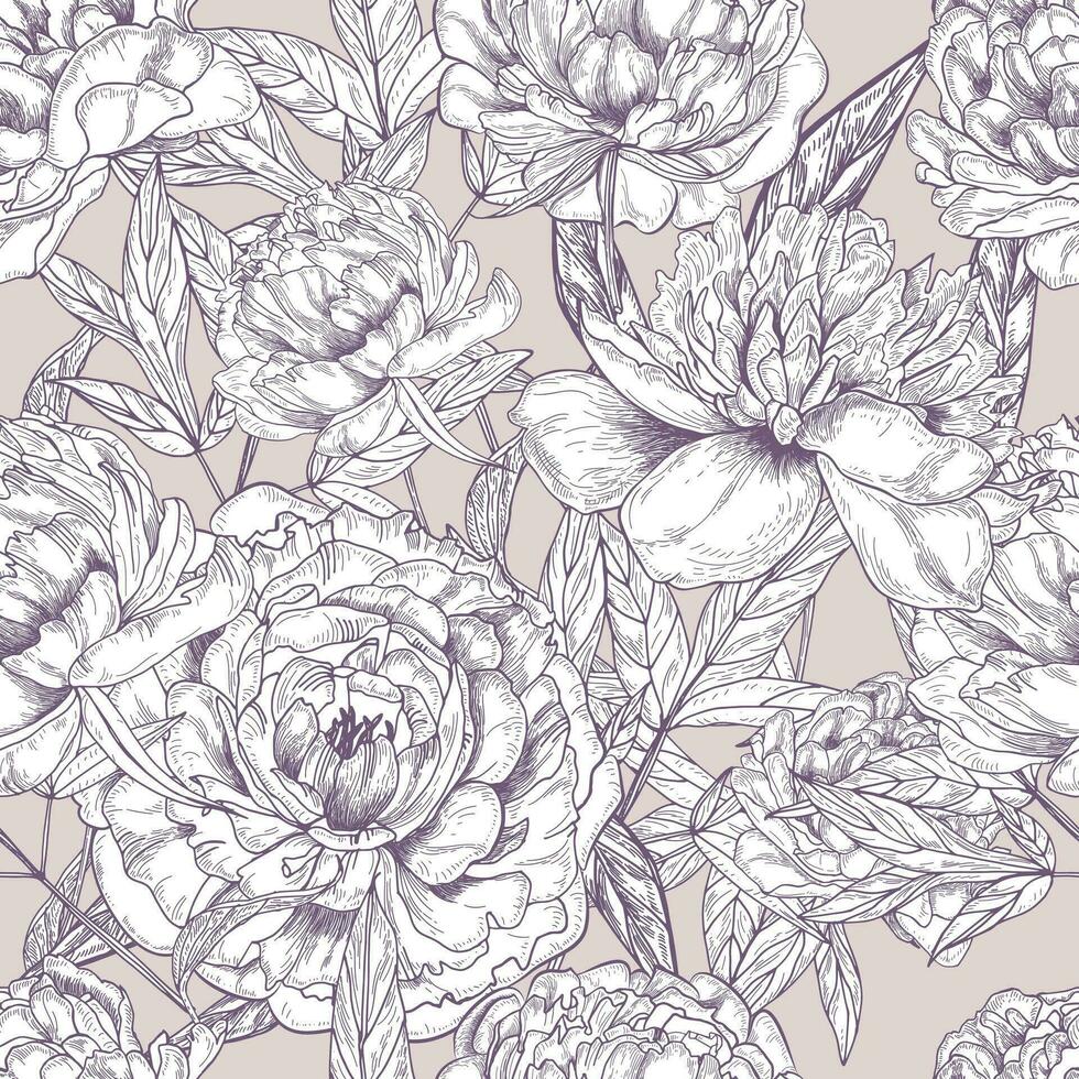 mooi gedetailleerd pioenen naadloos patroon. hand- getrokken bloesem bloemen en bladeren. zwart en wit wijnoogst vector illustratie.
