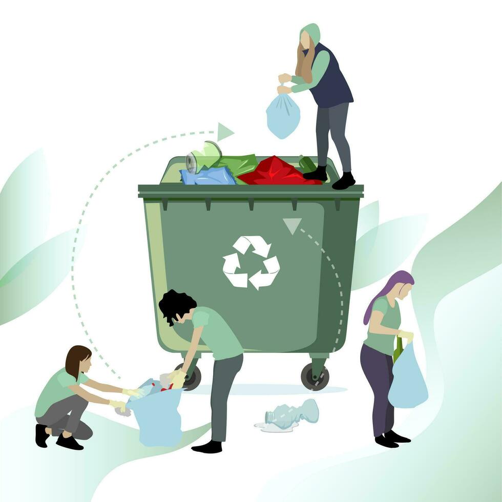 mensen verzamelen en recycle afval. vector recycle verspilling plastic, illustratie van ecologie schoonmaak, vrijwilliger Gooi en verzamelen uitschot