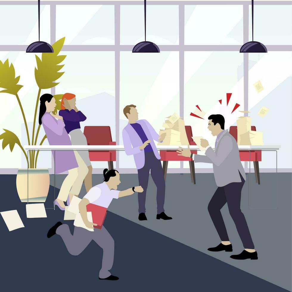 boos baas geschreeuw Bij medewerkers. Mens stressvol. kantoor manager paniek, werknemer missend, schreeuwen boos en agressief toespraak. vector illustratie