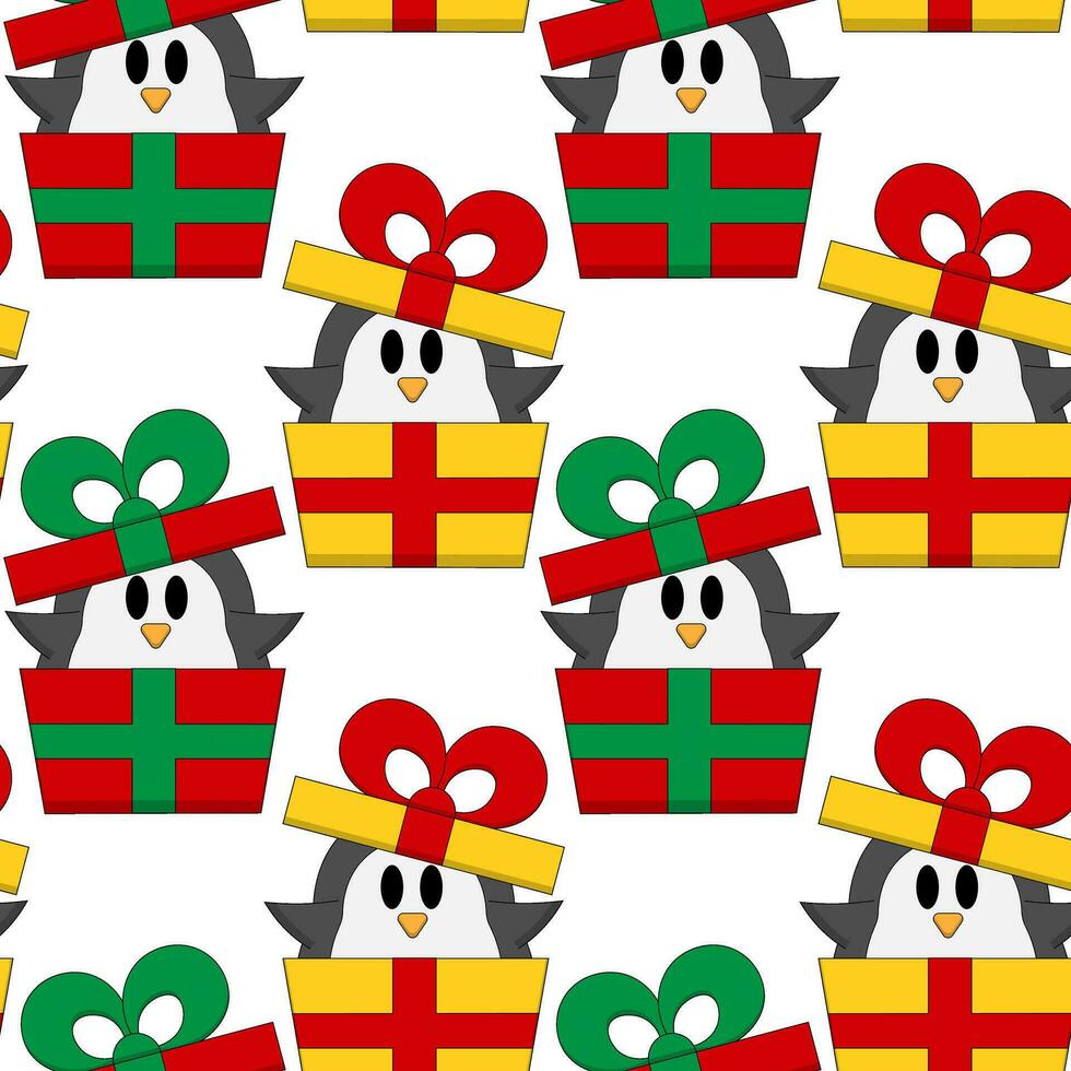 naadloos patroon met pinguïn in Kerstmis geschenk doos vector