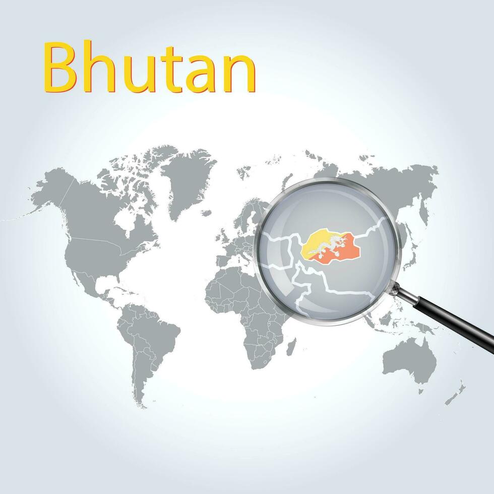 een vergroten glas Aan Bhutan van de wereld kaart, zoom Bhutan kaart met een helling achtergrond en Bhutan vlag Aan de kaart, vector kunstgrond en Bhutan vlag Aan kaart, vector kunst