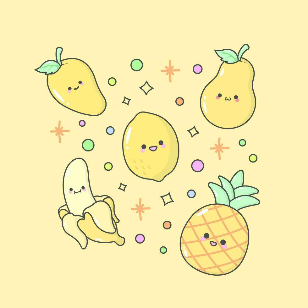 vector fruit citroen Peer mango ananas banaan met schattig gelaats uitdrukkingen en pastel kleur