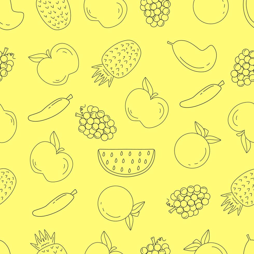 naadloos patroon van tropisch fruit dun lijn zo druif, watermeloen, appel, oranje, banaan, mango en ananas. perfect voor textiel ontwerp, inpakken, enz. vector