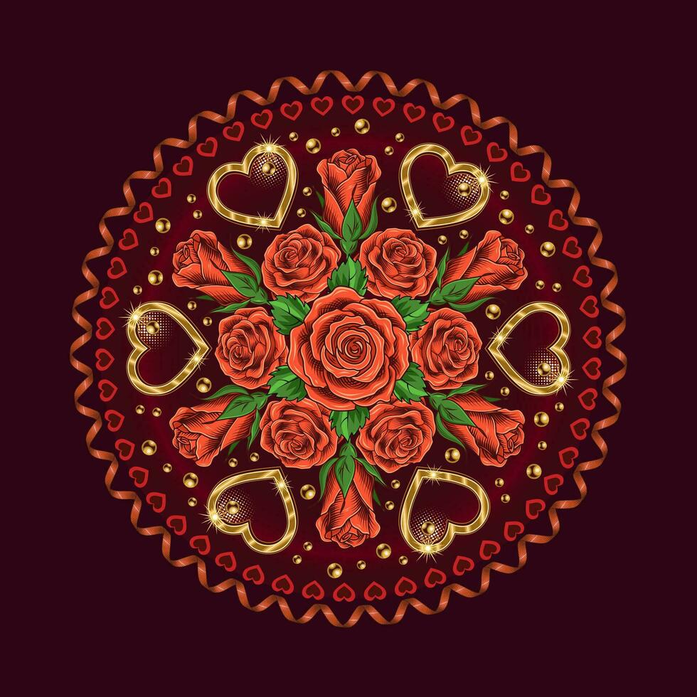 ronde patroon Leuk vinden mandala met gouden hart, kralen, spiraal lint, wimpel, halftone vormen, rozen. vector ornament voor bruiloft, verloving evenement, valentijnsdag dag, geschenk decoratie