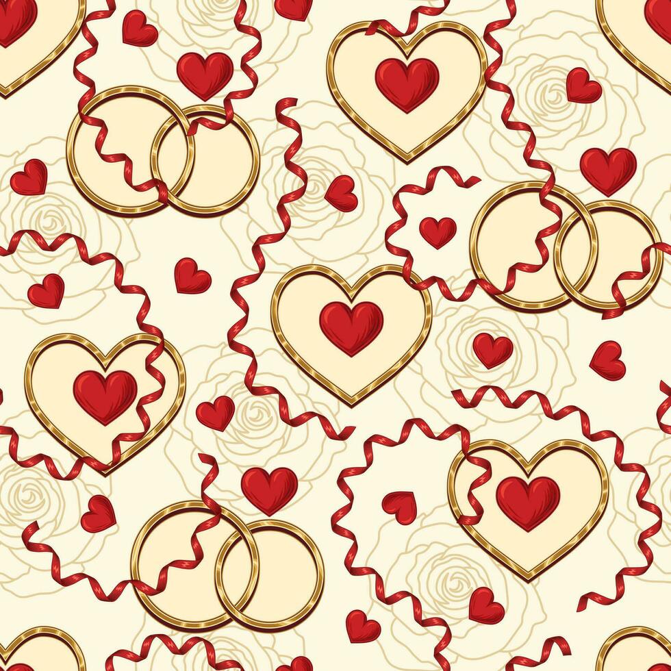 valentijnsdag dag naadloos patroon met romantisch symbolen, goud ringen, rood harten, schets roos bloem, spiraal lint Aan wit achtergrond. voor bruiloft, verloving evenement, valentijnsdag dag, geschenk decoratie. vector