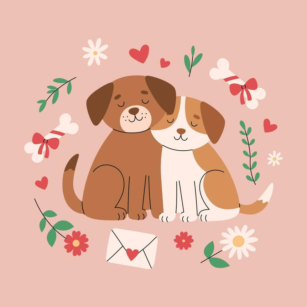 twee schattig honden in liefde zittend samen. romantisch puppy paar in kader van bloemen, takjes, harten en botten. vector vlak illustratie voor valentijnsdag dag poster, banier, groet kaart