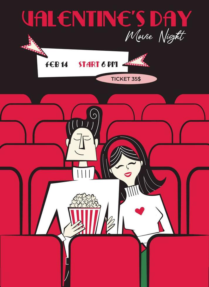 Valentijnsdag dag film nacht uitnodiging, poster. Jaren 60 - jaren 70 stijl Valentijnsdag dag vector illustratie van paar in liefde Aan een datum in bioscoop aan het eten popcorn.